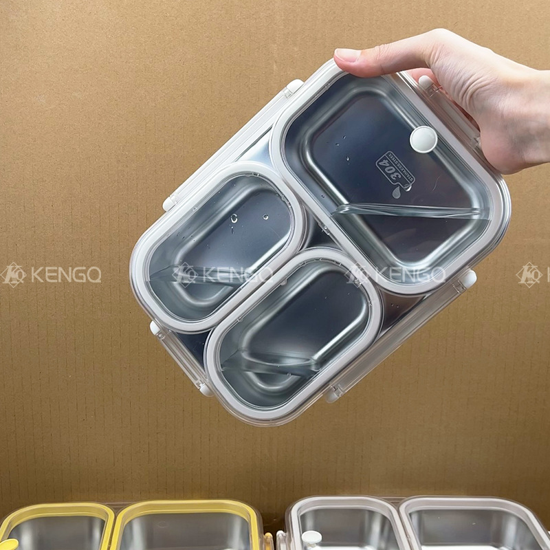 Fiambrera calefactable en microondas, anti-olor, caja bento para estudiantes de acero inoxidable 304, caja de conservación sellada de tres compartidos