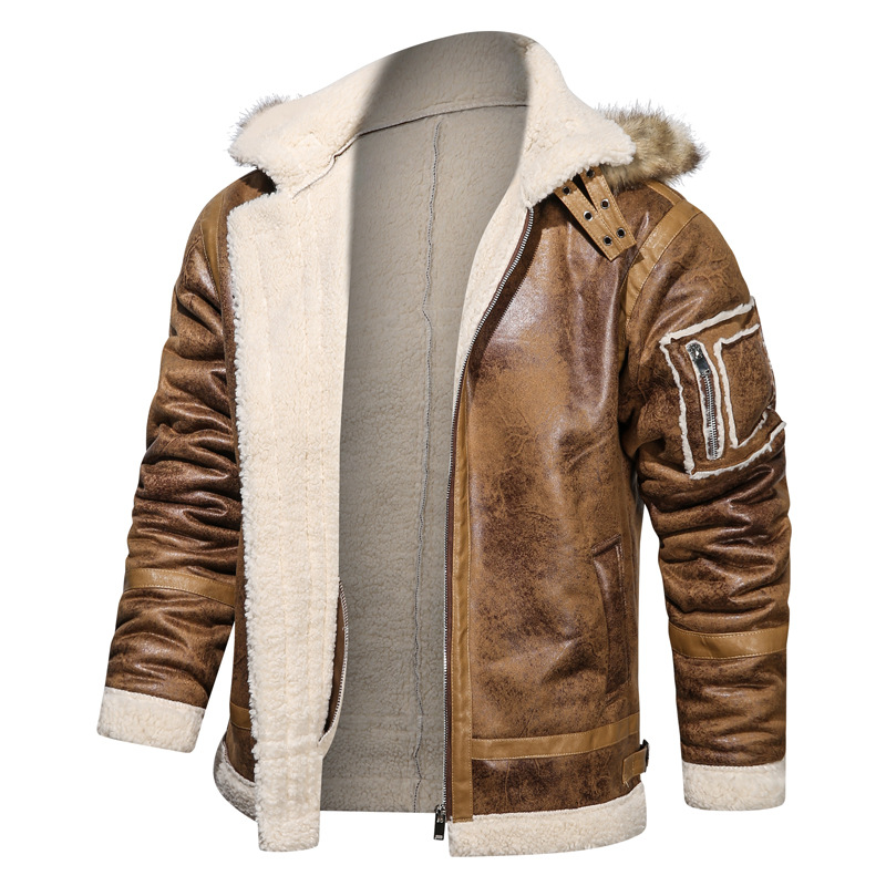 Men's Fleece Lined Leather Motorcycle Jacket With Hood Retro Style_voghion.com