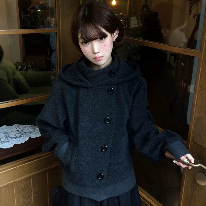 New spring and autumn collection: Korean-style, lightweight, short-length, stand-up collar, long-sleeved, black wool blend hooded coat, perfect for petite figures