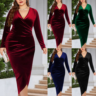 Plus Size Long-Sleeved Velvet Tight Dress Sexy Pleated Wrap Deep V Neck Party Cocktail Dress