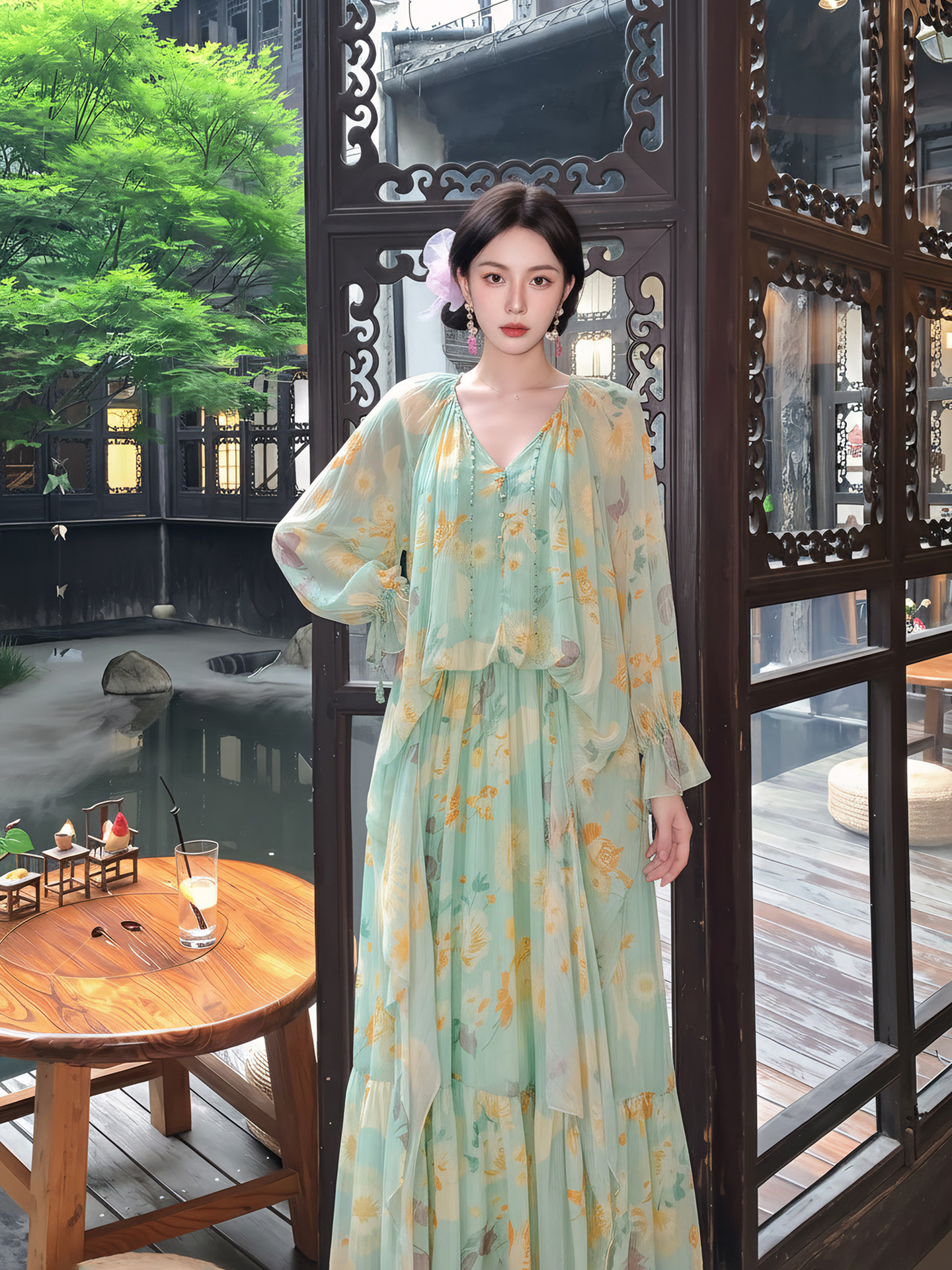 Đầm maxi nữ thắt eo phong cách Tân Trung Hoa in họa tiết thiết kế giả hai lớp — Thiên Thanh