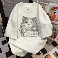 夏季新款重磅设计感情侣纯棉短袖男生宽松圆领猫咪印花t恤五分袖