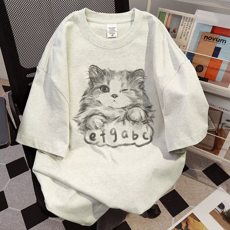Summer New Heavy Design Couple Pure Cotton Short-Sleeved Boys Loose Round Neck Cat Print T-Shirt Five-Quarter Sleeves