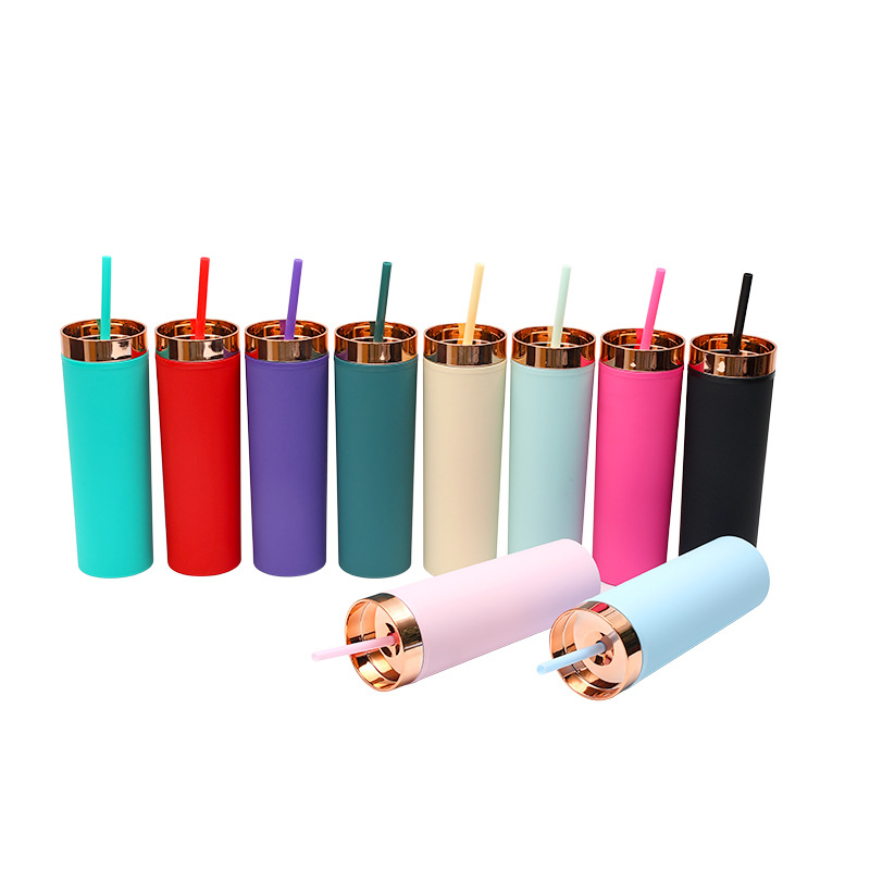 Transfronterizo Amazon Spot 16OZ Taza de paja recta Taza de plástico de doble capa con tapa de oro rosa Taza de agua de pintura de goma esmerilada