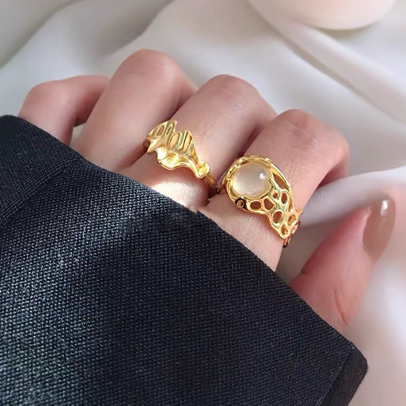 Korean niche concave and convex hollow inlaid opal silver plated copper ring female