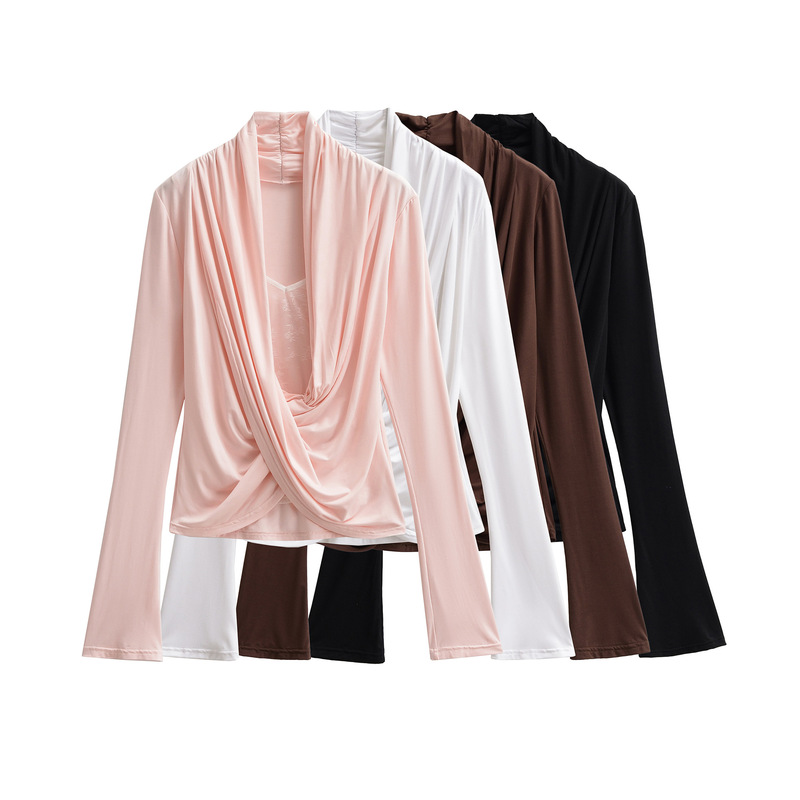 Ds25102-25 New Autum Style American Pure Lust Style Lazy Lace Splicing Inner Bottoming Shirt with Slightly Flared Sleeves