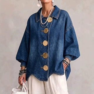 2026跨境欧美亚马逊独立站秋季新款翻领长袖仿牛仔印花外套女蓝色