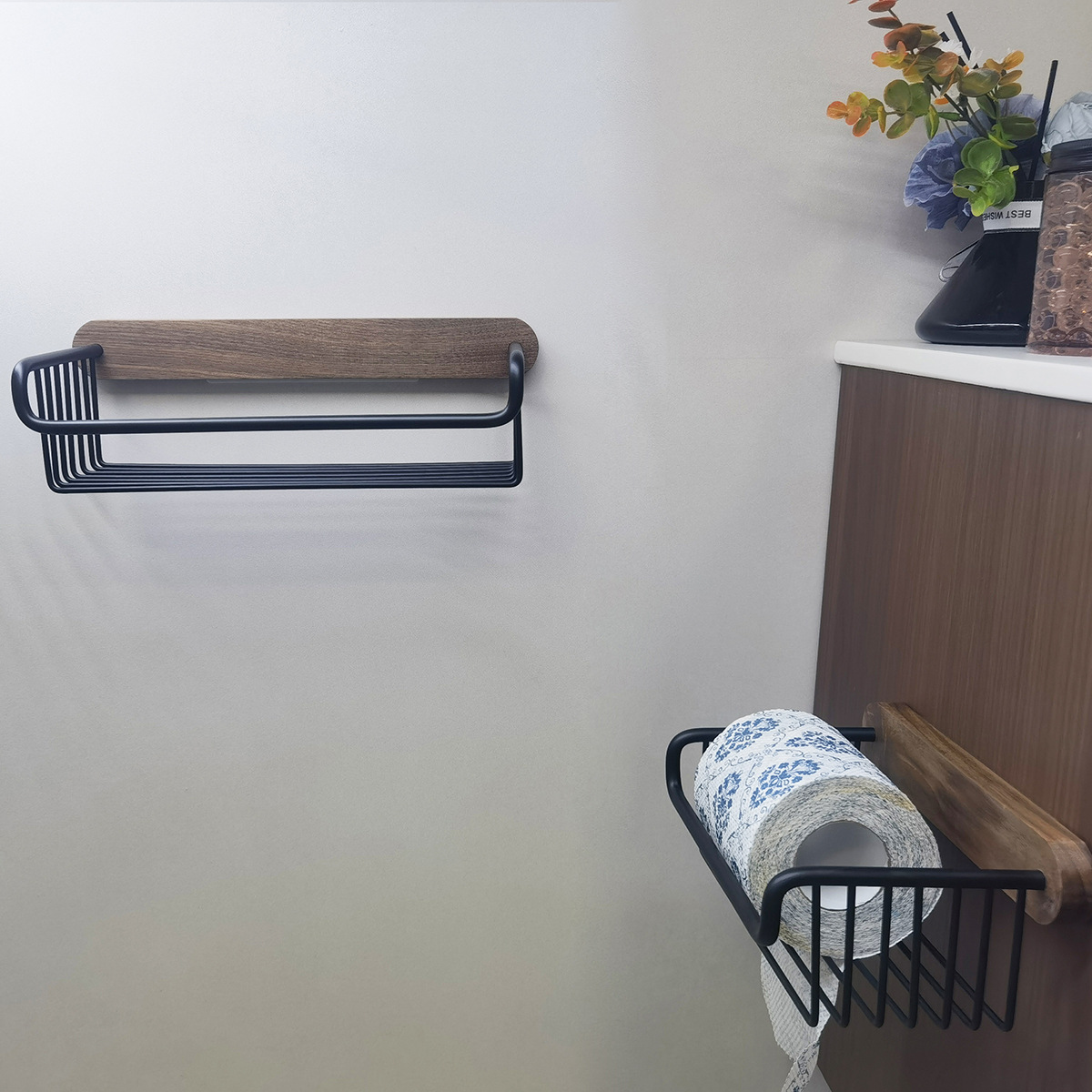 Walnut Bathroom Toilet Paper Holder, Toilet Tissue Storage Rack, No-Drill Bathroom Washroom Towel and Toilet Paper Dispenser