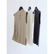 不对称小众设计25早春羊毛混纺半高领针织衫背心无袖上衣通勤显瘦