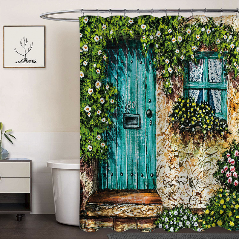 Cortina de ducha de poliéster impresa con hebilla de cortina de ducha de plástico baño cuarto de baño cortina de partición impermeable a prueba de moho