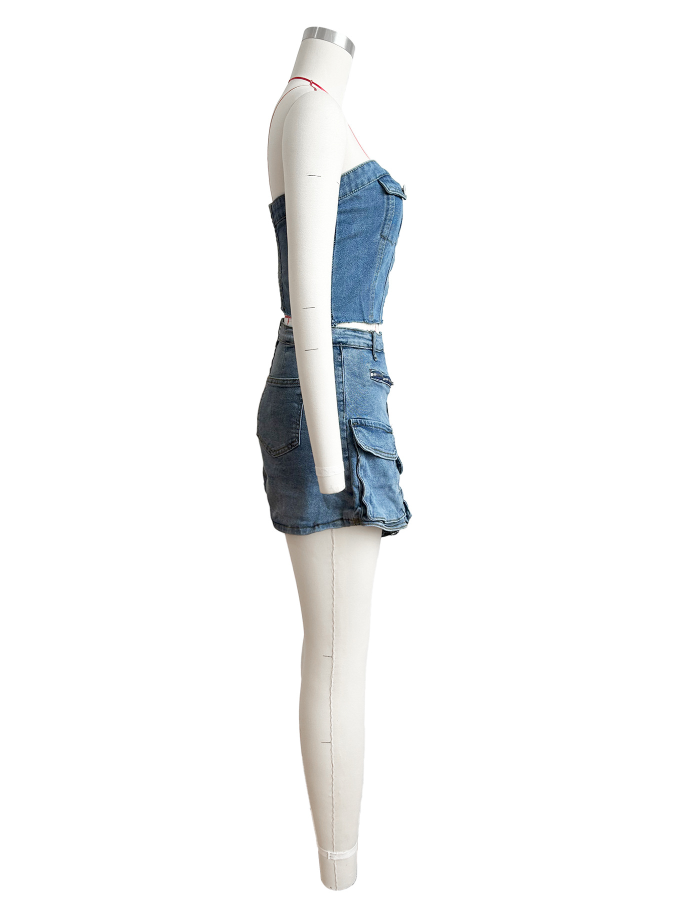 Women Wear Chest Wrapped Cargo Shorts Denim Set