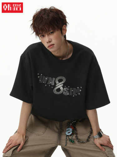 fashion brand imitation suede short-sleeved T-shirt men's spring and summer new retro American contrast color printed loose top T-shirt q
