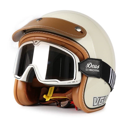 Motosiklet dəbilqələri – Electric Scooter Half Helmet Summer - m-milky-white-brown-leather-hat-brim-black-and-white-striped-goggles-free-hat-brim-face-towel