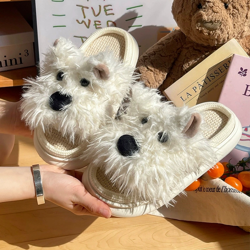 Льняная пара нацарапанный щенок Западное нагорье милые комнатные женские весенние и осенние хлопковые льняные тапочки мужские домашние четыре сезона тапочки