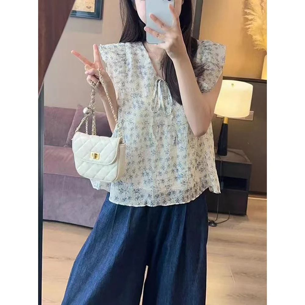Áo hai dây nữ tay bèo họa tiết hoa nhí chất voan kiểu Pháp — Màu xanh lam nhạt chi tiết 12