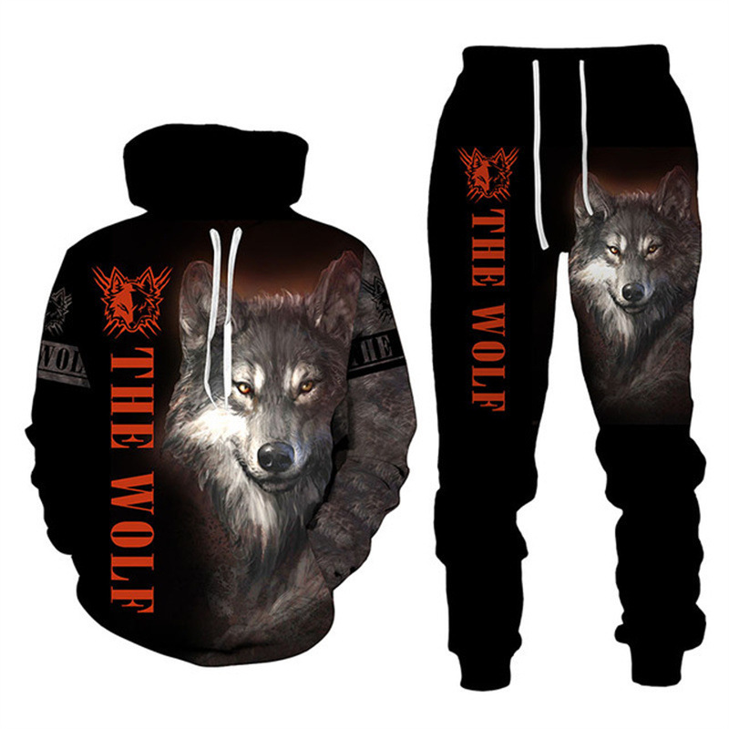 Spring and Autum Hooded Sweatshirt Suit, Sporty 3D Animal Print Sweatshirt Pants, Trendyy Casual Men's Suit