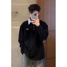 2025条纹翻领拼接假两件上衣男款无帽韩系感秋冬穿搭正肩长袖t恤