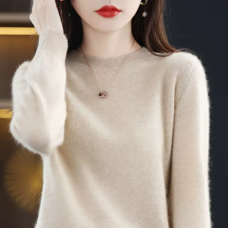 新款初秋圆领100羊毛衫女时尚简约宽松显瘦针织长袖打底衫女毛衣