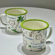 原创椰树猫咪搪瓷杯大容量早餐咖啡杯创意绿色清新马克杯情侣家用