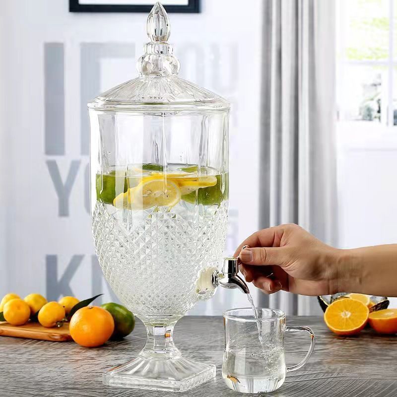 Jarra de jugo con relieve de estilo europeo, con boquilla y tapa, cristal grueso, gran capacidad, jarra de agua fría de alta gama