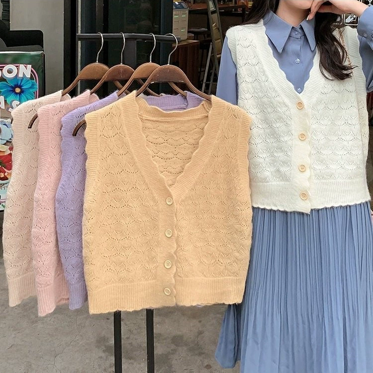 2021 Нежный кружевной жаккардовый полый свитер с V-образным вырезом и талией, вязаный жилет, женский короткий топ