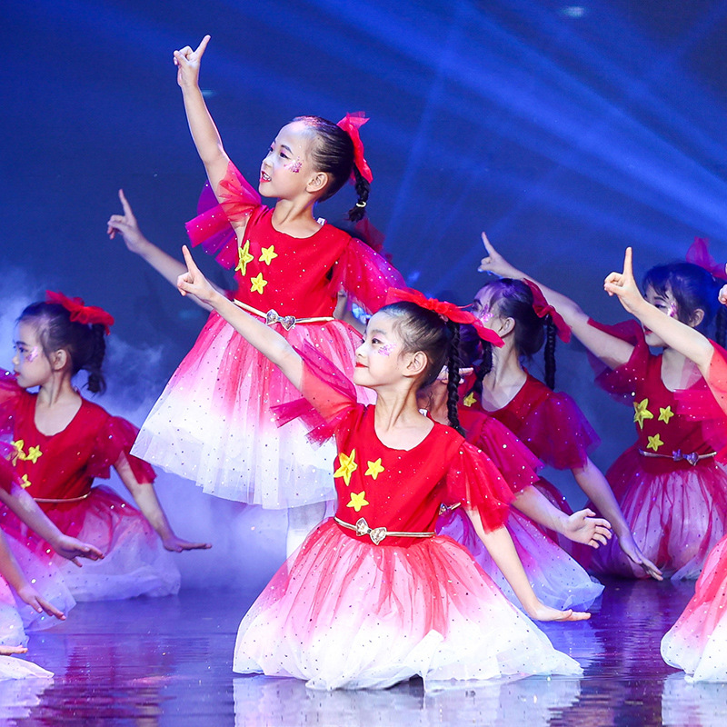 兒童演出服蓬蓬裙女童舞蹈紗裙小學生紅歌合唱服把未來點亮表演服