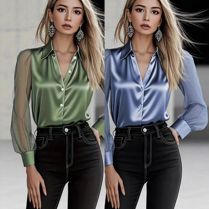2026 New European and American Cross-Border Satin Shirt Women's Long-Sleeved Lapel Pure Color Elegant Commuter Fashion Top