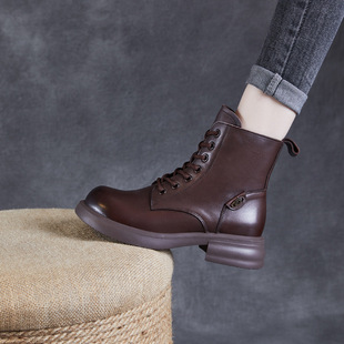 Top Layer Cowhide Women's Boots New 2024 Hot Autumn and Winter Genuine Leather Martin Boots British Style Vintage Ankle Boots