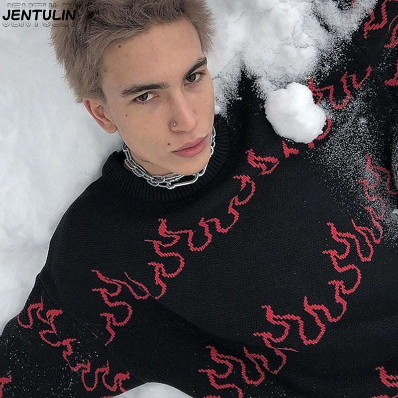 Cross-Border New Flame Jacquard Pullover Sweater Harajuku Autumn and Winter Warm Jacket Punk Loose Round Neck Knitted Sweater