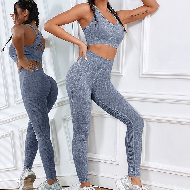 一体式运动内衣美背交叉聚拢带胸垫健身跑步提臀健身裤瑜伽服套装