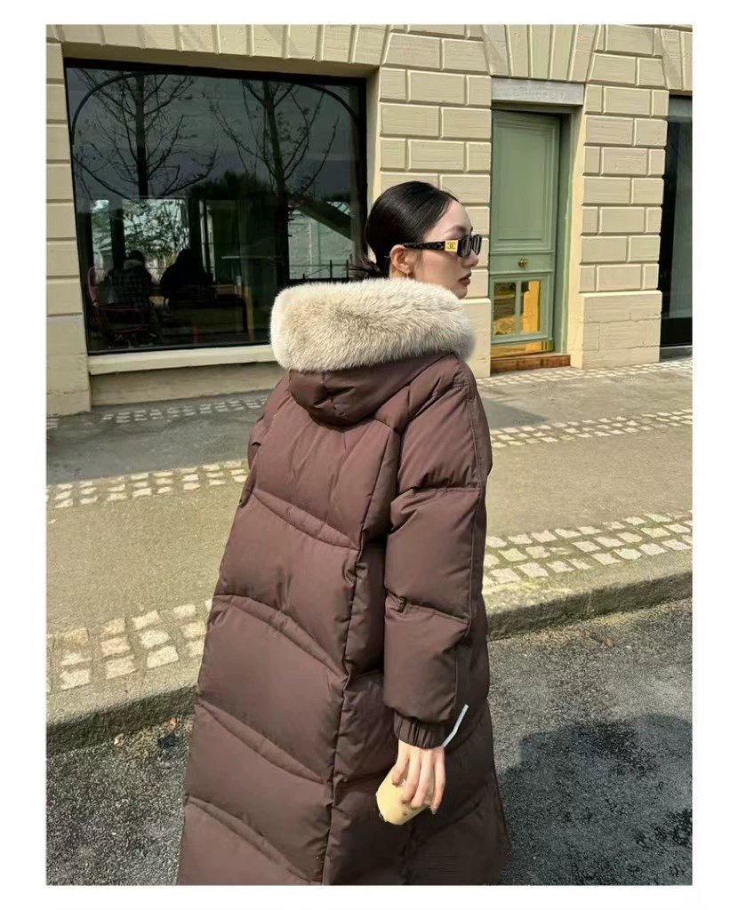 Long Down Jacket, Velvet Shell, Duck Down Fill, Maxi Length, Thickened Winter Coat