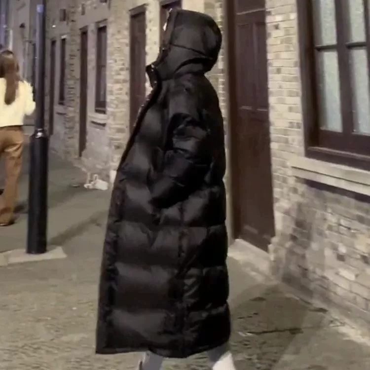 Long down jacket, Korean style, teen fit, hooded, off‑white or black