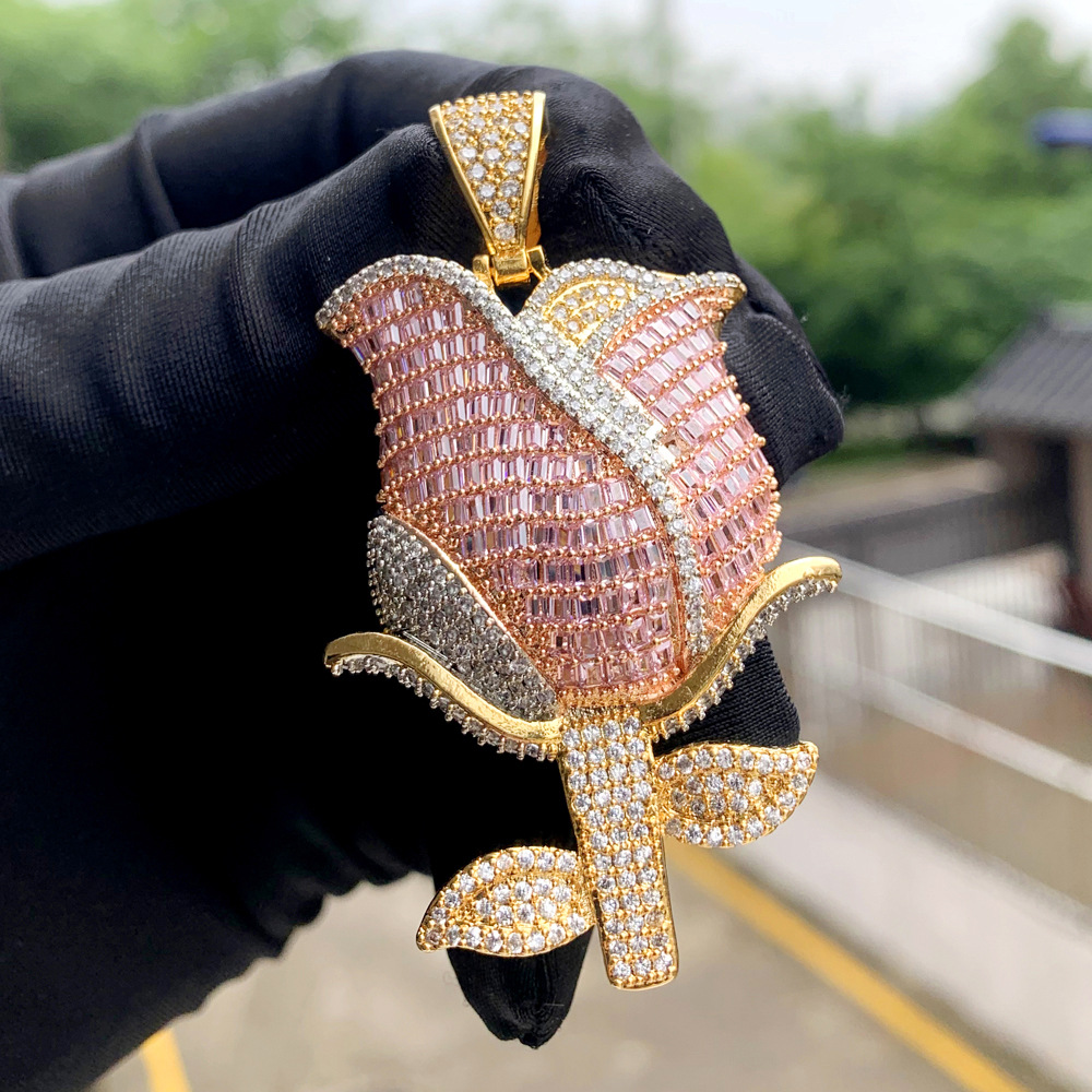 48g Weight Zircon Inlay Material Hip-hop Flower Copper Inlay Zircon Men's Pendant Necklace Long Necklace