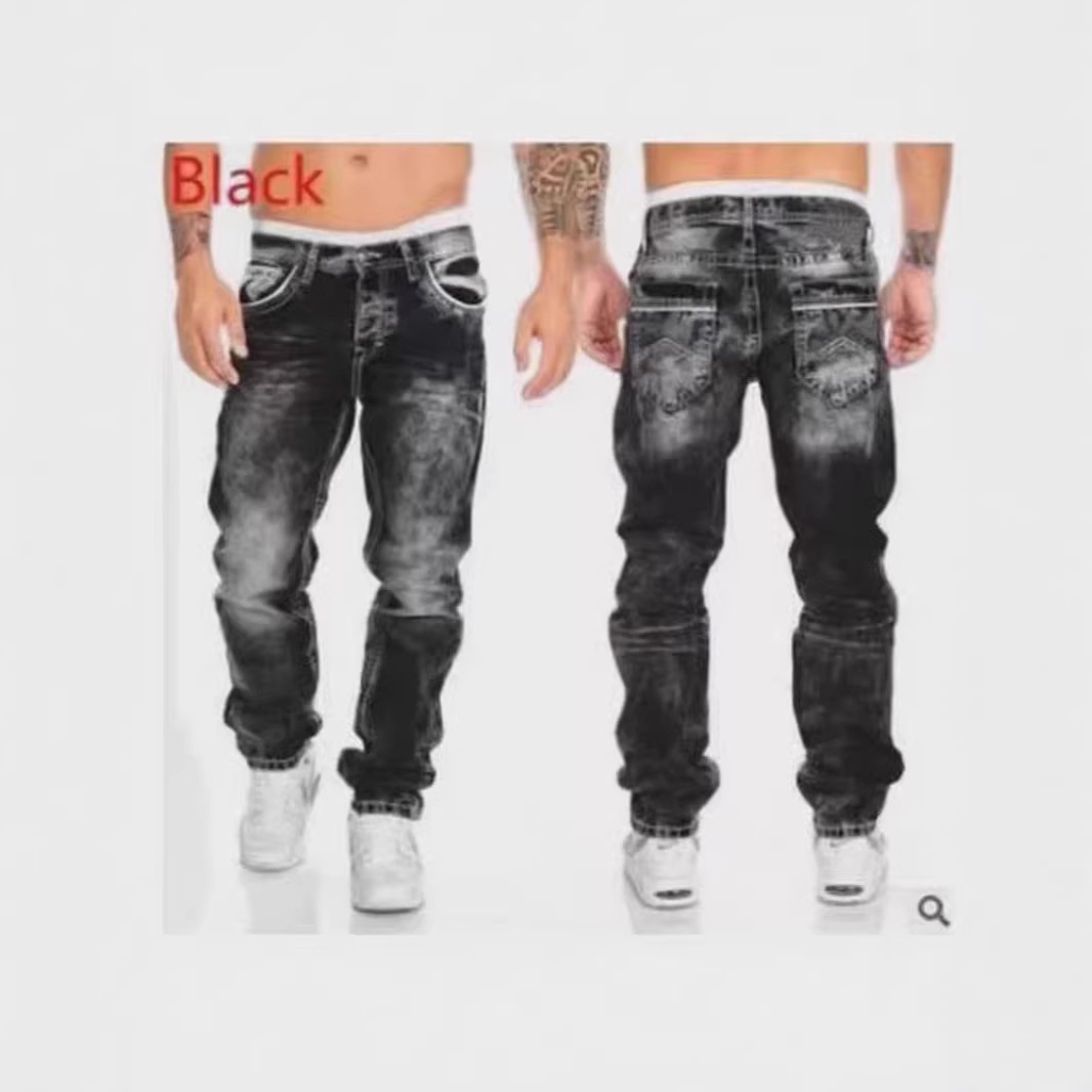Men's Casual Distressed Straight Leg Jeans Trendy Hip Hop Pocket Trousers European American Style mid Waist Long Non-Stretch_mkmklike.com
