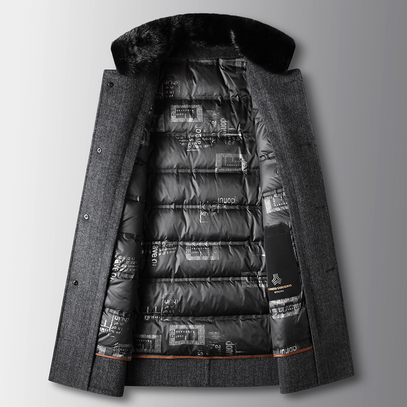 Erkek Giyim çift taraflı çıkarılabilir beyaz ördek İpek pamuk astarlı vizon dik yaka orta uzunlukta yün iş ceketi_voghion.com