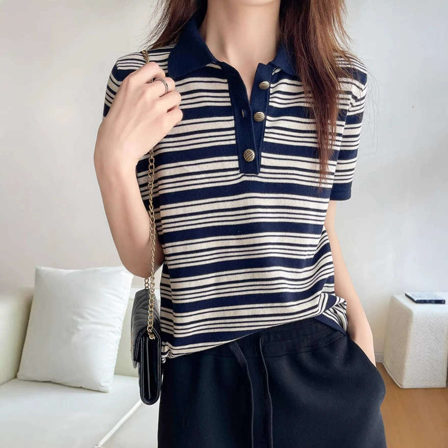 Свитер с воротником polo 2025 новый хлопковый лацканы в полоску футболка с короткими рукавами женская свободная контрастная короткая футболка