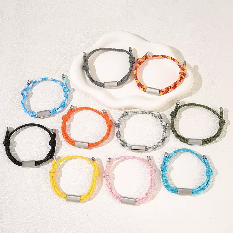 欧美跨境款通心管双拉绳手链多色不锈钢彩印刻字可调节编织绳手链