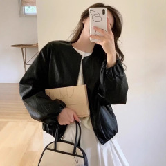 韩版圆领皮衣短外套女2025春季新款设计感小个子洋气减龄百搭上衣
