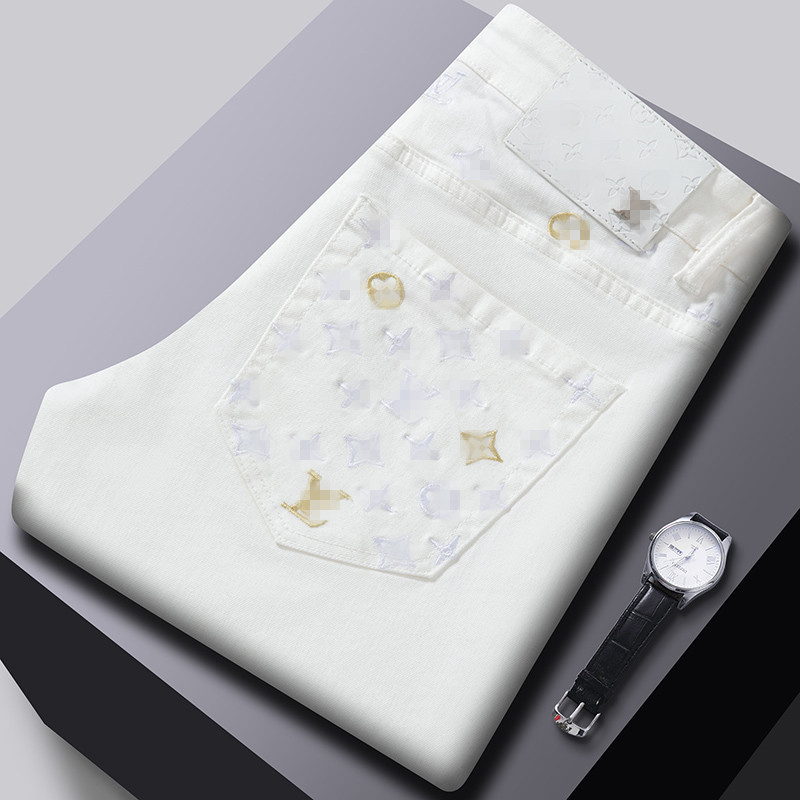Spring New Men's Jeans Trendy Slim Fit Skinny Stretch Casual White 1:1 Washed Embroidery Cross-Border European Goods