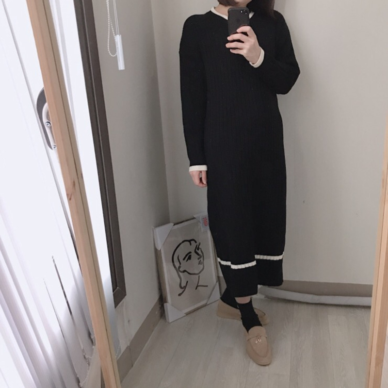 现货女装日系慵懒风毛衣连衣裙中长款过膝秋冬韩版宽松针织打底裙