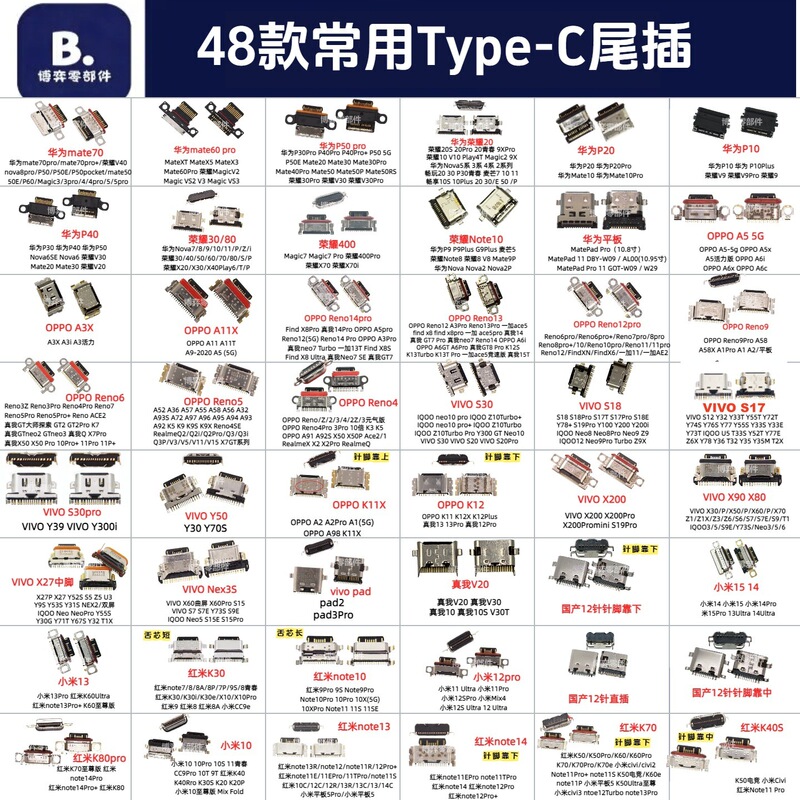 A Set of Type-C Charging Port Female Connectors for Oppo, Xiaomi, Vivo, Oneplus, Iqoo, Huawei A Set of Type-C Charging Port Female Connectors for Oppo, Xiaomi, Vivo, Oneplus, Iqoo, Huawei