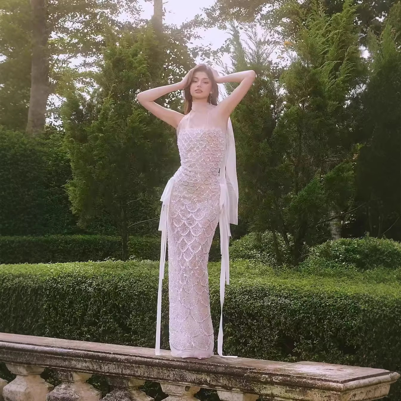 High-End Heavy-Duty Beaded Fantasy Sequins Host Bridal Dinner Dress Engagement Toast Dress Bridal Fishtail Long Dress