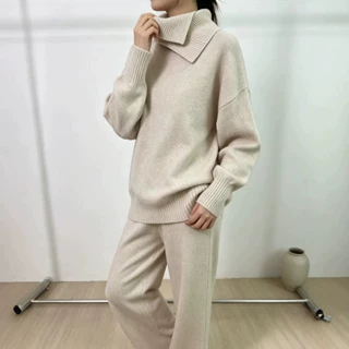 跨境毛衣女装套装女欧美秋冬新款宽松休闲慵懒加厚针织衫长裤套装