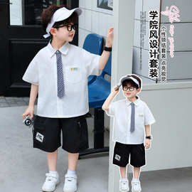 儿童夏季套装男童韩版洋气领带衬衫短袖两件套2026新款小男孩衣服
