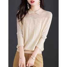 网纱拼接薄款上衣女2025秋季新款针织宽松洋气翻领气质黑色打底衫