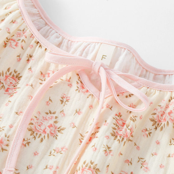 Pure Cotton Nightgown Summer Women's Thin Double-layer Yarn Long-sleeved Mid-length Spring and Autumn Pure Cotton Fairy Floral Dress Home Clothes
