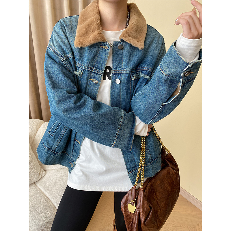 Sinan Fashionable Blogger Style Thick Imitation Mink Velvet Thickened POLOCollar Profile Denim Jacket Cotton Coat SN4704