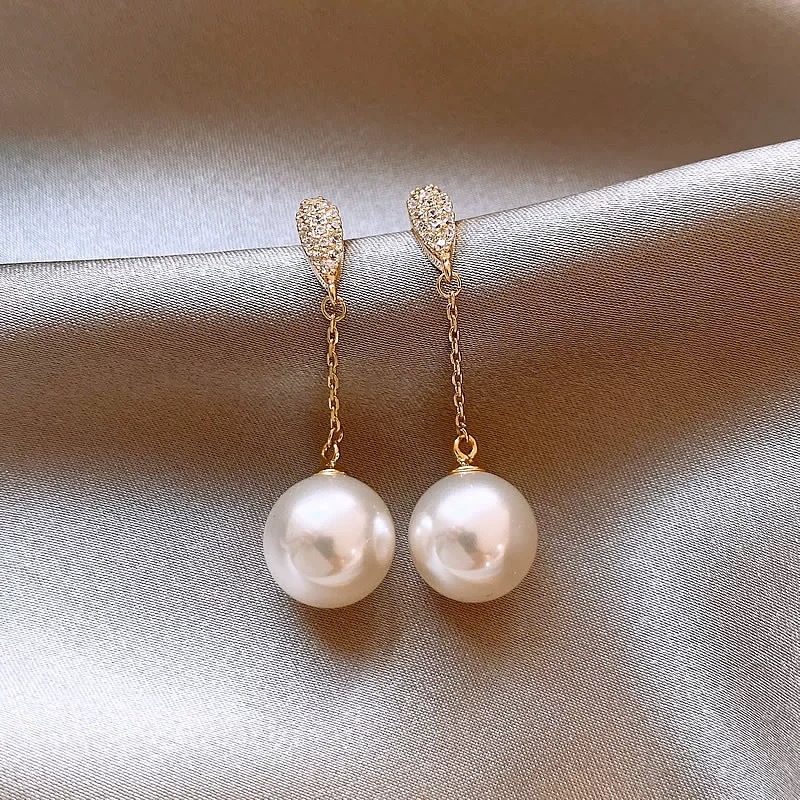 46 # Water drop full diamond tassel pearl earrings 10mm