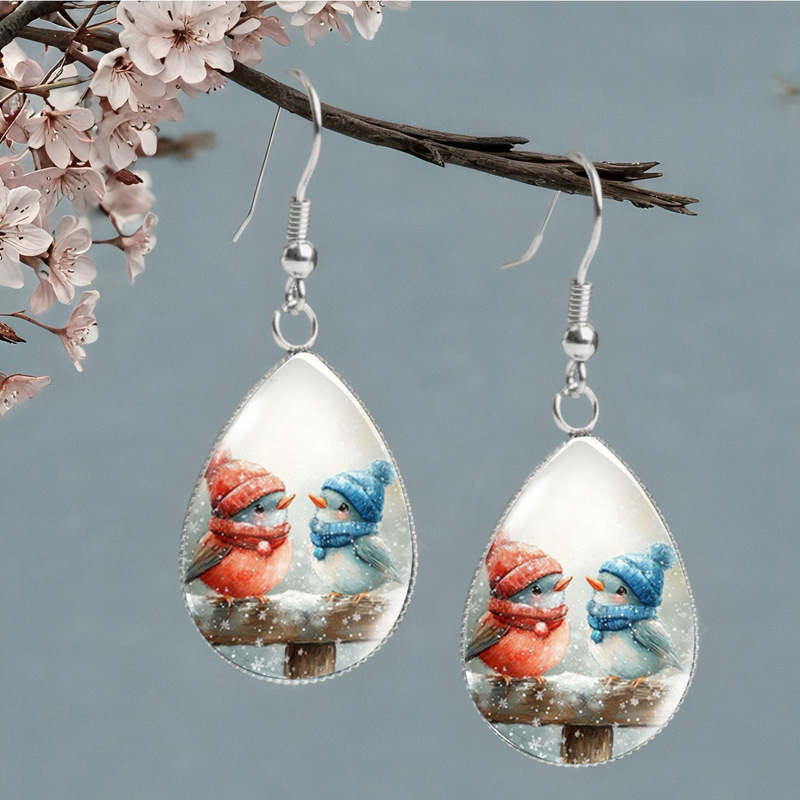 Cross-Border Two Birds Wearing Hats in the Snow Illustration Earrings Creative Couple Bird Water Drop Earrings Glass Earrings Cross-Border Two Birds Wearing Hats in the Snow Illustration Earrings Creative Couple Bird Water Drop Earrings Glass Earrings