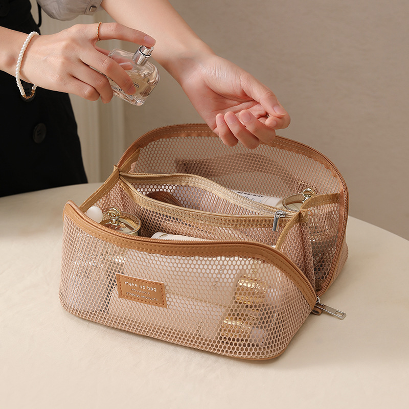 メッシュ化粧品バッグ女性のための 2025 新しいポータブル大容量化粧品ポータブル収納袋旅行層状トイレタリーバッグ|undefined